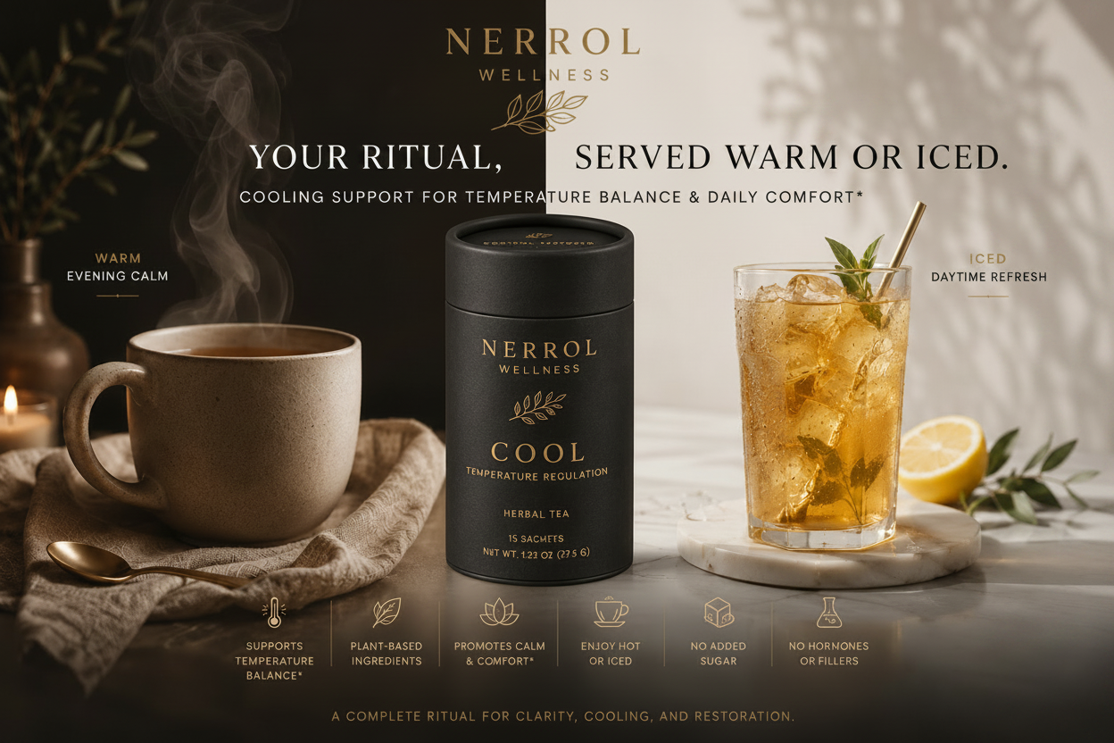 Nerrol Wellness Cool Temperature Regulation herbal tea shown in a black cylindrical tin, styled with a steaming mug of tea on the left and an iced tea glass with lemon on the right, on a warm neutral background.